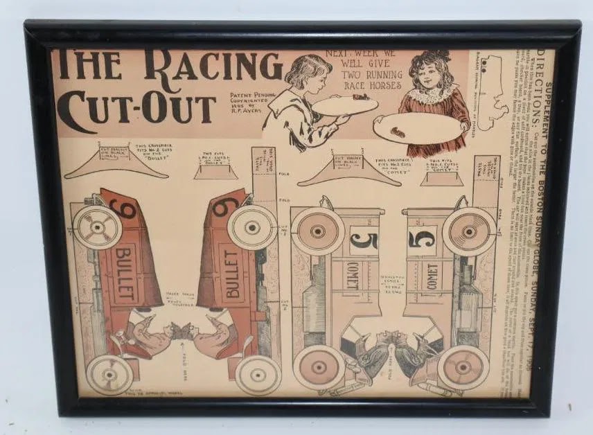 a kids paper race car cutout in the 1905 supplement to The Boston Globe